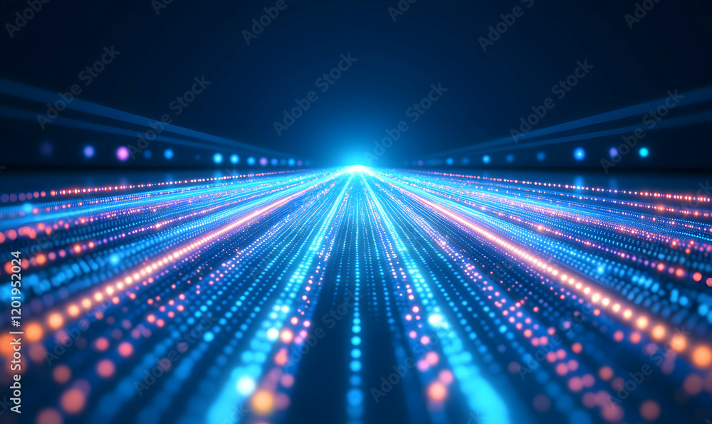Poster abstract digital data stream, glowing particles converging towards a bright horizon; futuristic tech