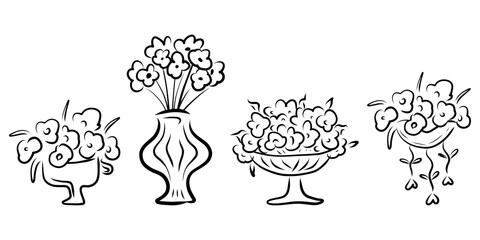Set of hand drawn pot flowers, home decoration flowers, doodle drawing, flower in a flowerpot, Coloring book for children and adults