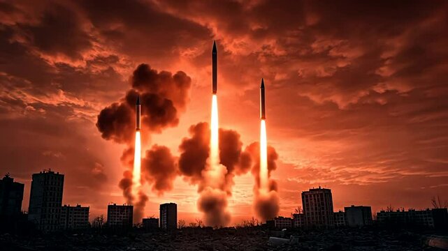 Three missiles launch against a dramatic sunset, evoking themes of war and global conflict