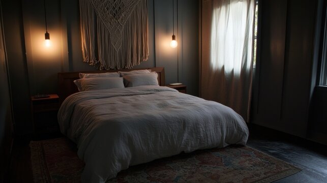 Bedroom with a large bed in the center. the bed is covered with a white comforter and several pillows. there are two nightstands on either side of the bed with lamps hanging above them.