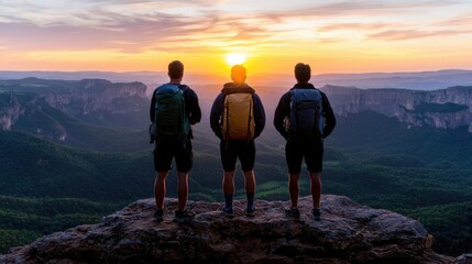 Obraz premium Hikers watching sunset, mountain peak, adventure, teamwork, landscape
