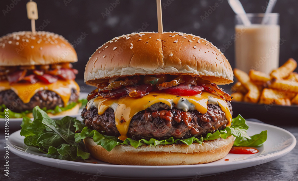 Poster a large hamburger with cheese and bacon on top sits on a plate. a glass of milk is on the table behi