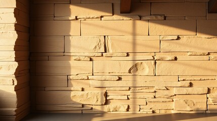 High-resolution stock photo Modern rustic interior wall, layered stone textures, smooth and rough surfaces...y lighting, vibrant complimentary colors, contrasting colors, balanced tones, deep shadows,