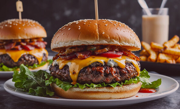 A large hamburger with cheese and bacon on top sits on a plate. A glass of milk is on the table behind the burger