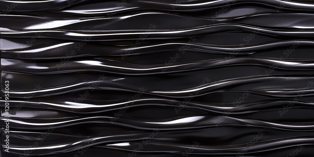Poster abstract close-up of a glossy black wave texture with smooth, flowing lines and reflective surfaces.