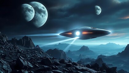 Obraz premium Spaceship Flying Over Alien Planet Landscape