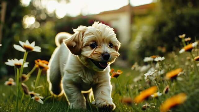 A happy and playful Havanese puppy running through the grass in an outdoor garden, captured with a wide-angle lens to emphasize its lively nature. 