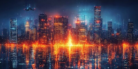 Night skyline illuminated by vibrant lights reflecting on the water in a futuristic city setting