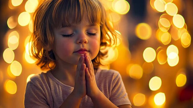 A young child praying with hands folded in a prayer gesture, against a blurred background of beautiful lights.