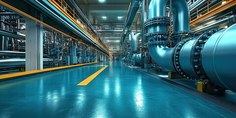 Obraz premium Industrial facility with large pipes and vivid lighting creating a modern manufacturing environment