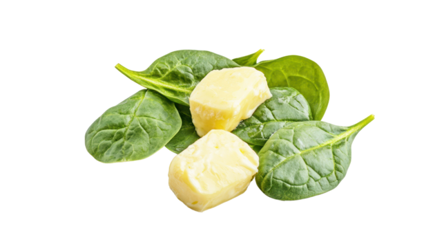 Fresh spinach leaves paired with creamy butter cubes, perfect for healthy cooking and nutritious dishes. A delicious combination for food lovers.