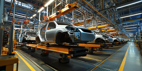 Fototapeta premium A modern automotive assembly line with partially assembled cars on conveyor belts in a brightly lit industrial factory, showcasing advanced manufacturing processes