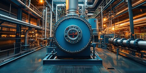 Obraz premium Industrial facility showcases complex machinery with intricate piping and lighting at dusk