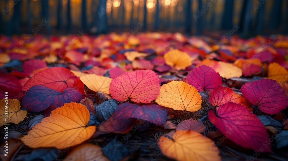 Poster a mesmerizing close-up of colorful fallen leaves, illuminated by golden bokeh in a forest setting