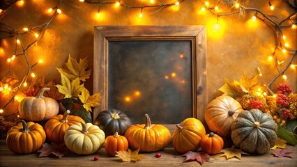 A Fall-themed chalkboard frame with a cluster of colorful pumpkins and fall leaves, surrounded by warm golden lighting, evoking a cozy autumnal atmosphere , fall frame, harvest