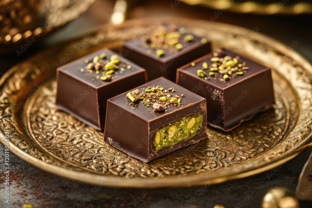 Poster decadent chocolate squares with pistachio filling on an ornate golden plate adorned with arabic patt