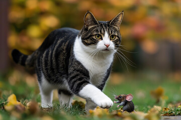 Cat chasing mouse in colorful autumn leaves