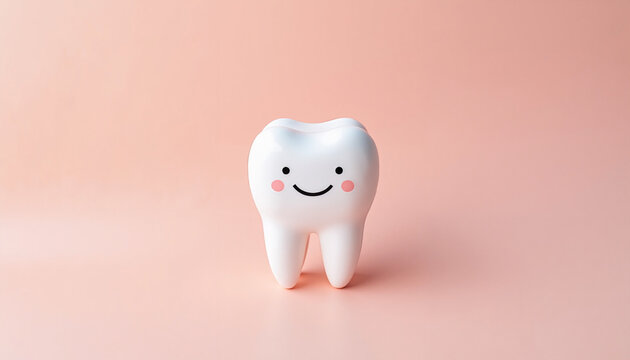 Cute smiling tooth with a happy face against a pink background