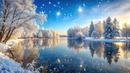 Frosty winter morning with snowflakes gently falling on a frozen lake surface, surrounded by snow-covered trees and a serene winter landscape , serene, winter