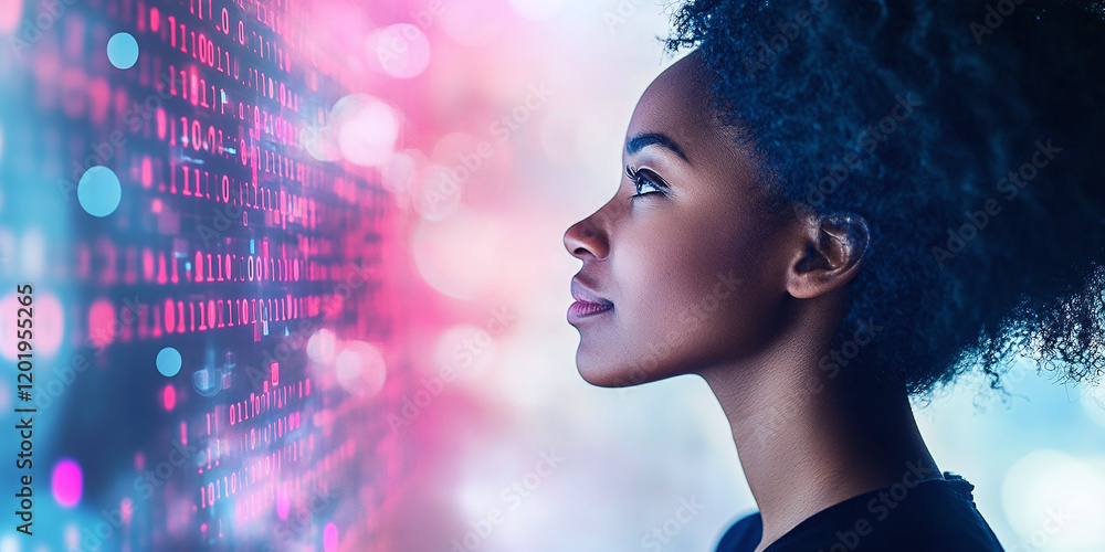 Poster a young woman gazing thoughtfully at a futuristic digital display with binary code and glowing light