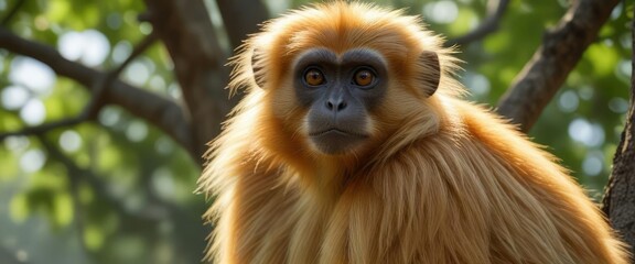 Obraz premium A of Gee s Golden langur gazes out from a tree, tree, long haired, arboreal