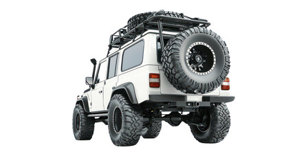 A rugged white off-road vehicle showcasing its robust design and durable tires, ideal for outdoor adventures and exploring tough terrains.