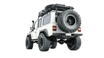 A rugged white off-road vehicle showcasing its robust design and durable tires, ideal for outdoor adventures and exploring tough terrains.