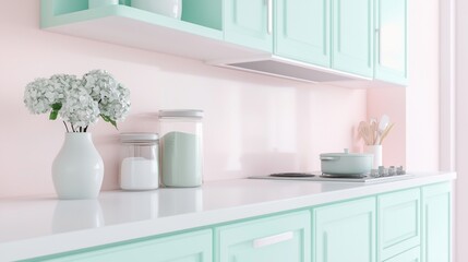 Fototapeta premium Modern kitchen with light green cabinets and a white countertop. on the countertop, there is a white vase with white hydrangeas in it, two glass jars, and a blue pot with a lid.