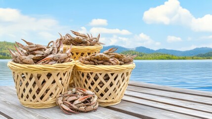 Obraz premium Fresh Crabs by the Lake - Three baskets brimming with fresh crabs sit on a wooden dock overlooking a serene lake, under a bright, sunny sky.