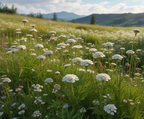 Achillea collina growing in a field with other tall grasses and wildflowers, herbaceous plants, field wildflowers, summer flowers