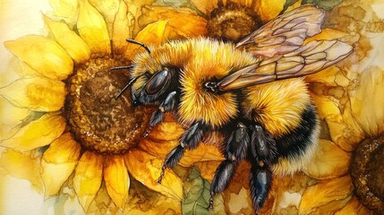 Watercolor bumble bee pollinating sunflowers, nature art print