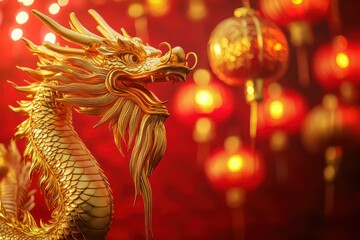 Obraz premium Stunning 3D Golden Dragon Sculpture with Lanterns