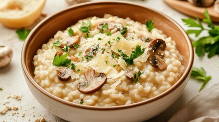 Image of rice and mushroom risotto with Parmesan cheese and parsley in a creamy ceramic dish, emphasizing rich and creamy texture. Ideal for Italian cuisine and comfort food.