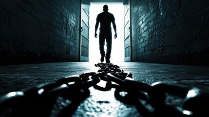 A symbolic image of broken chains on the ground, with an inmate walking toward a bright doorway in the distance