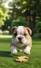 Fototapeta premium Adorable bulldog puppy running towards a biscuit treat on the green background, playful pup, biscuit treat, green background