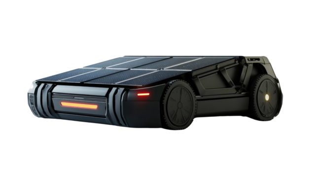 Futuristic solar-powered vehicle showcasing sleek design and innovative technology. Ideal for concepts related to sustainability and advanced transport.