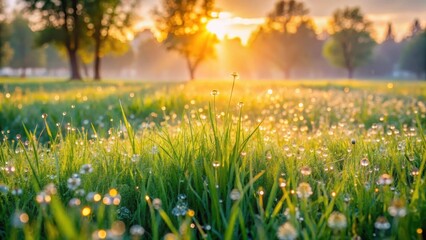 Soft morning light pours over a serene green grass field in a public park