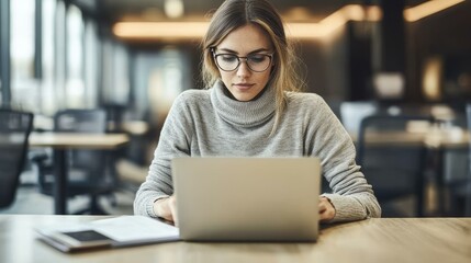 Young Woman Working on a Laptop in a Modern Office