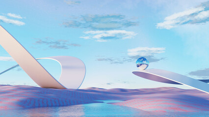 3D render, futuristic surreal landscape with floating glass sphere on sleek curved platforms over pastel desert.