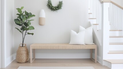 Corner of a room with a wooden bench in the center. the bench is made of light-colored wood and has two white throw pillows on it.