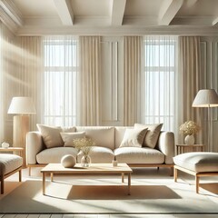 A bright, spacious living room with elegant minimalist furniture in soft neutral tones. Natural light streams through large windows, emphasizing simplicity and warmth