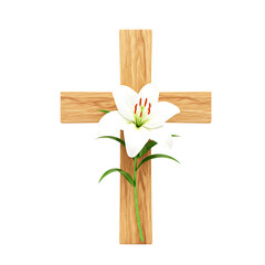 Wooden Cross with White Lily Flower On Transparent Background
