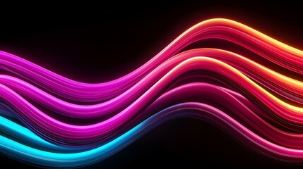 The image contains vibrant, glowing, neon-colored wavy lines against a black background.  The colors shift from cool blues and purples to warm pinks and oranges, creating a dynamic and energetic abst