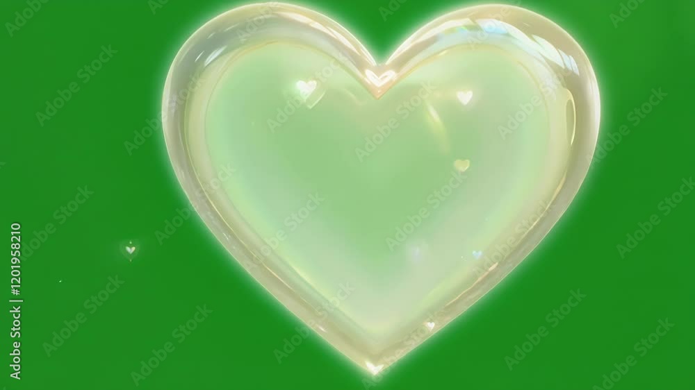 Poster three floating hearts shimmering with a gentle glow. green screen chromakey.