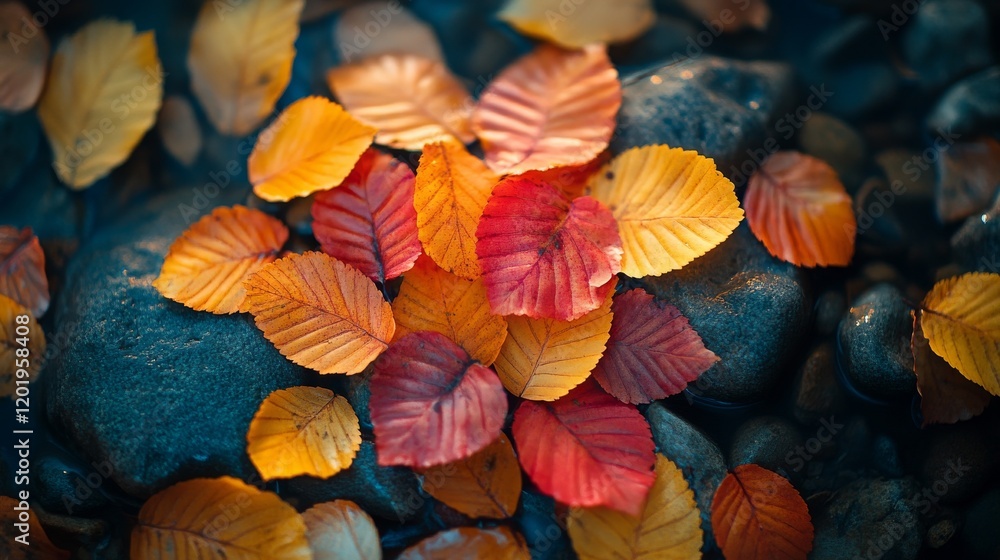 Poster autumn leaves on rocks create a vibrant scene showing the colors of fall and the tranquility of natu
