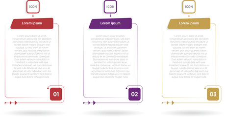 Three color rectangular elements placed in horizontal row. Concept of 3 steps of business development process. Simple infographic design template. Modern linear vector illustration for report.
