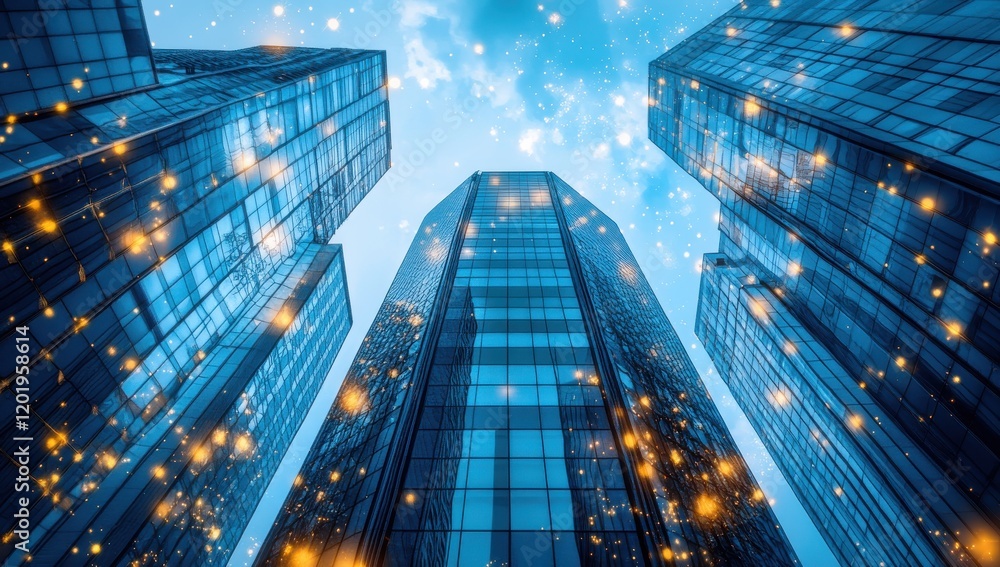 Aufkleber a captivating view of skyscrapers towering overhead with sparkling light effects creating an enchant