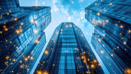 A Captivating View of Skyscrapers Towering Overhead with Sparkling Light Effects Creating an Enchanting Urban Atmosphere in a Modern Cityscape Scene