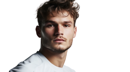 A serious young man gazing directly at the camera, exuding confidence and determination. His hairstyle and athletic attire suggest an active lifestyle.