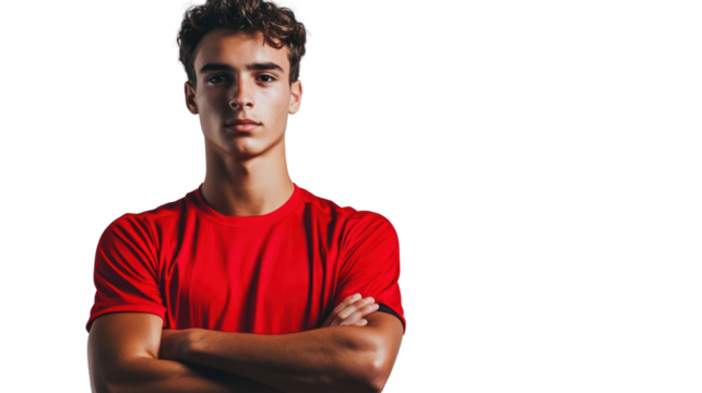 Confident young athlete in a red shirt standing with crossed arms, showcasing strength and determination, perfect for sports-related themes. - Powered by Adobe